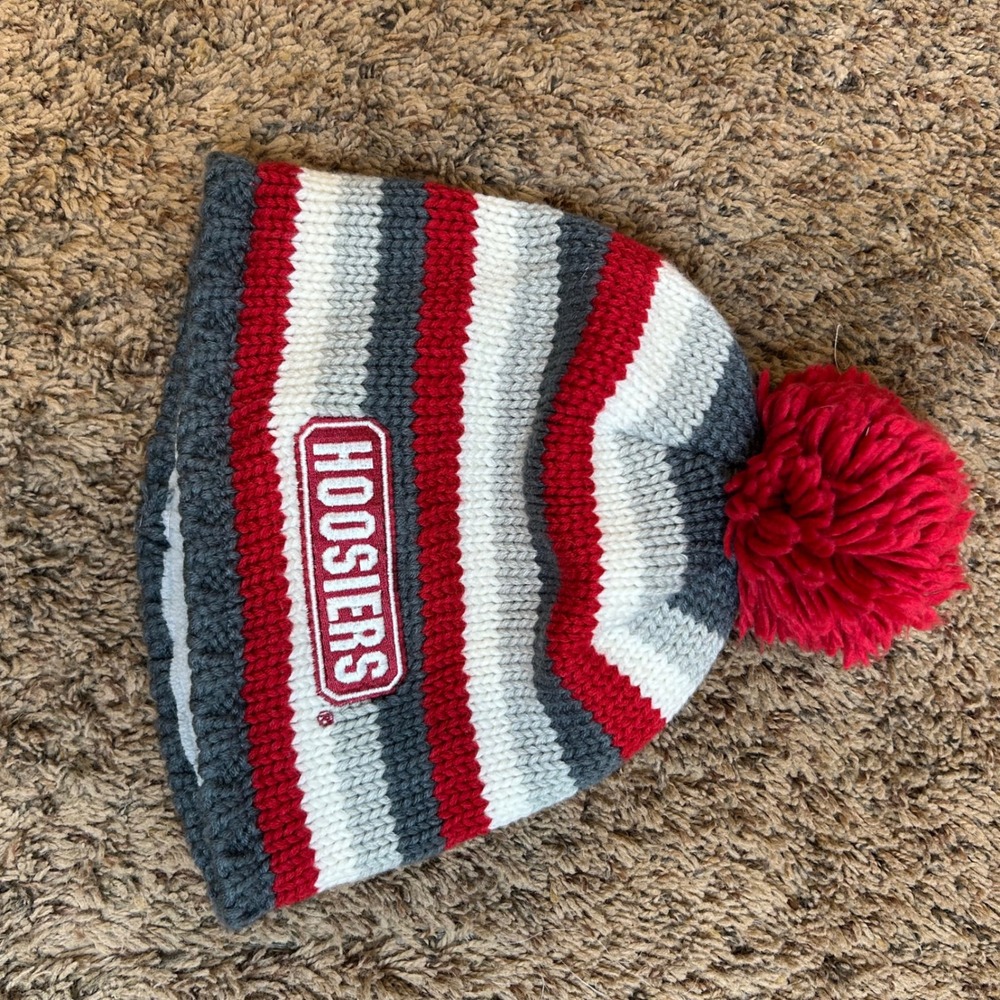Adidas Indiana University Hoosiers Beanie Striped Pom Knit Hat Fleece Lined Red